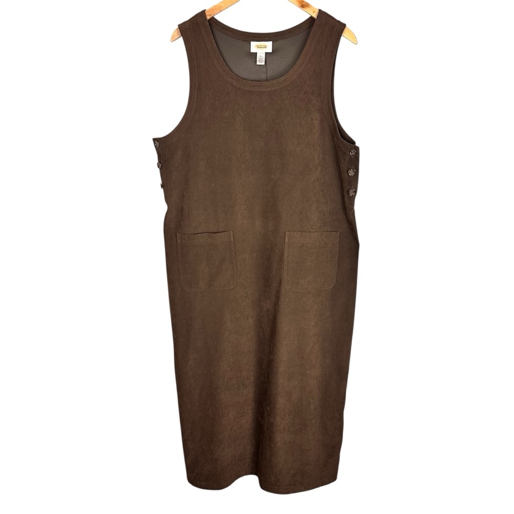 Talbots Faux Suede Overall Jumper Midi Dress Sz L Brown Y2K Teacher 90s Momcore